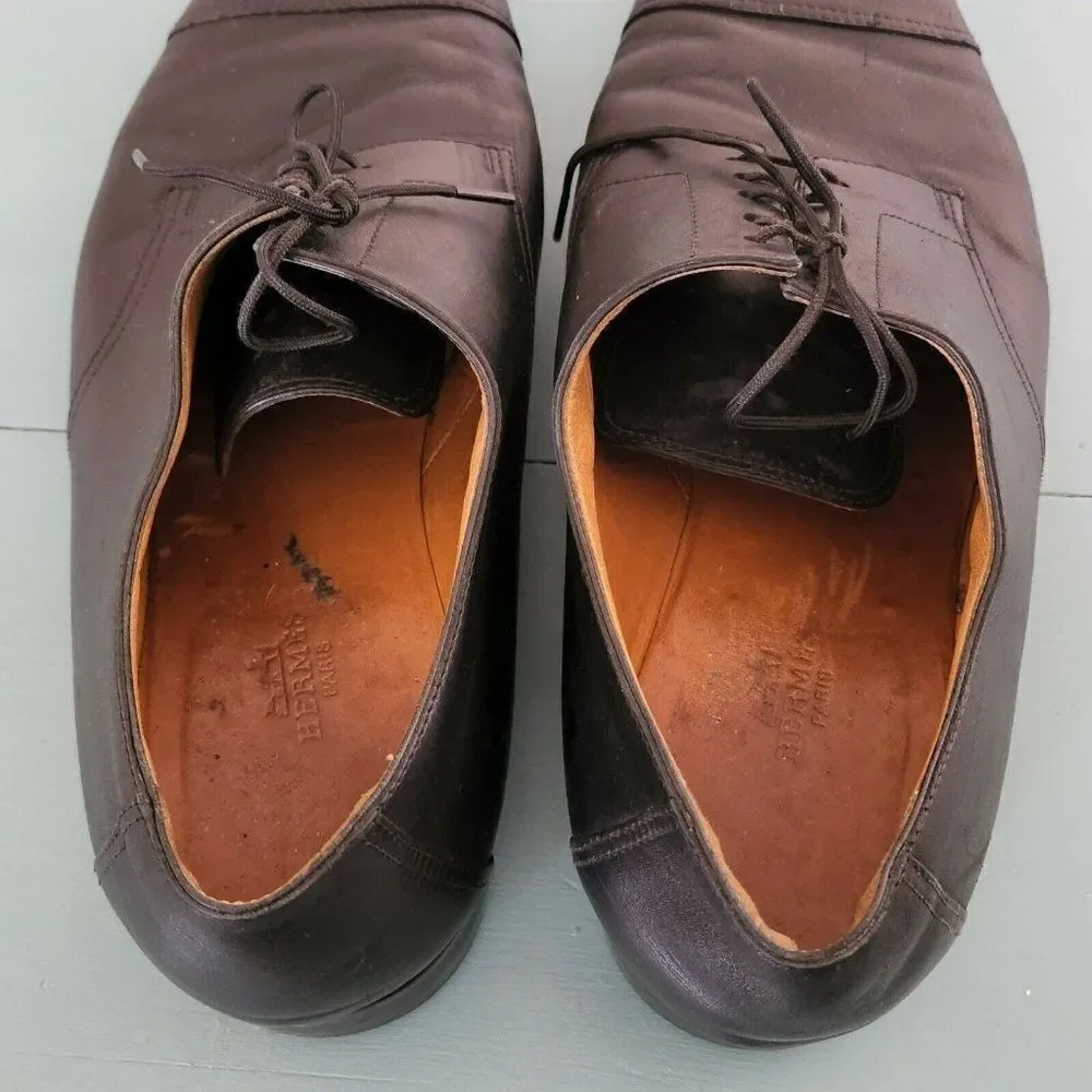 Hermes Men's Leather Cap Toe Dress Shoes Black Size EU 44 US 11 Made in Italy